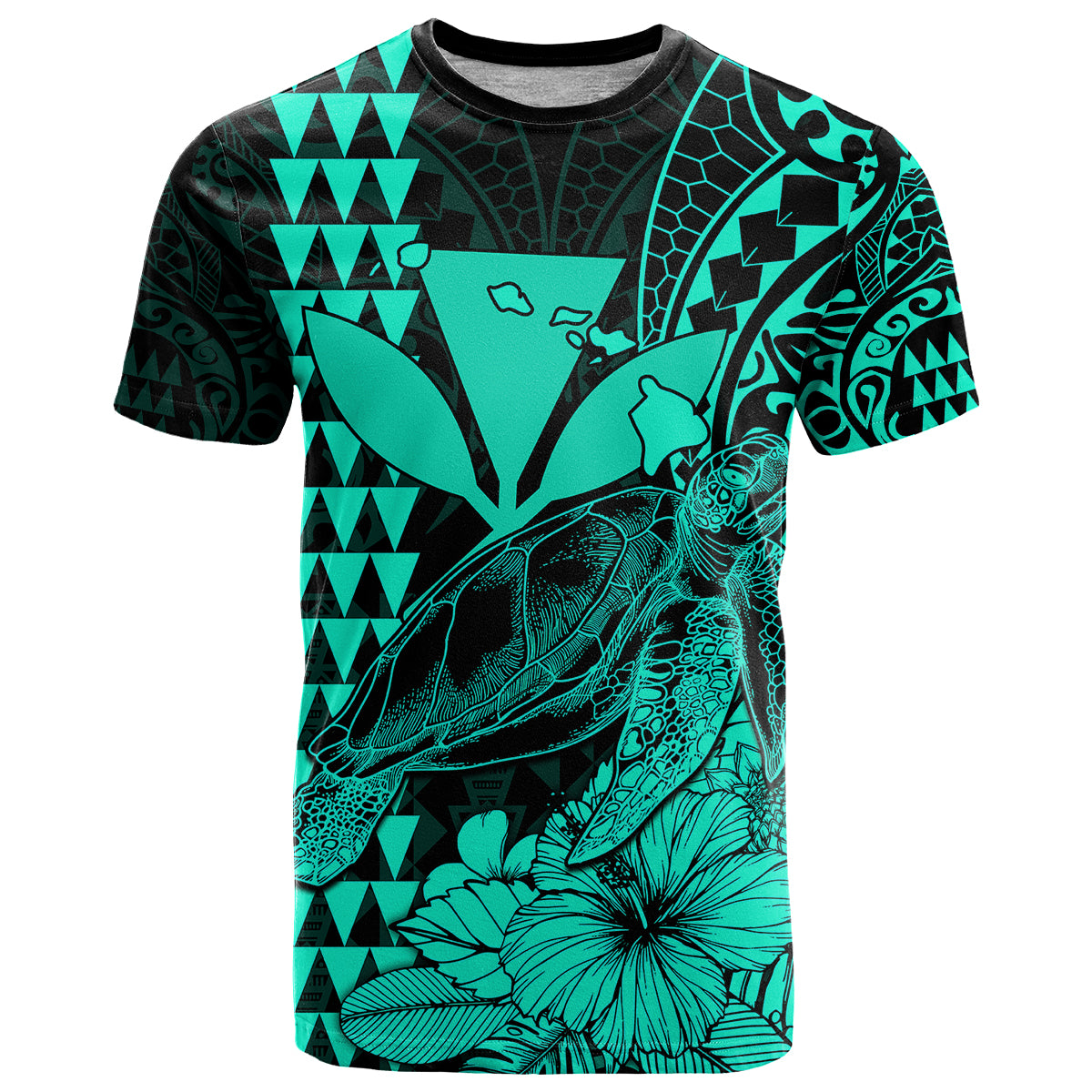 Custom Kakau Polynesian Tribal Hawaiian Turtle with Kanaka Maoli Turquoise T Shirt LT9 Turquoise - Polynesian Pride