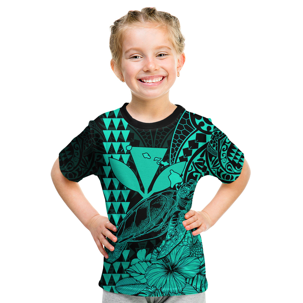 (Custom Personalised) Kakau Polynesian Tribal Hawaiian Turtle with Kanaka Maoli Turquoise Kid T Shirt LT9 - Polynesian Pride