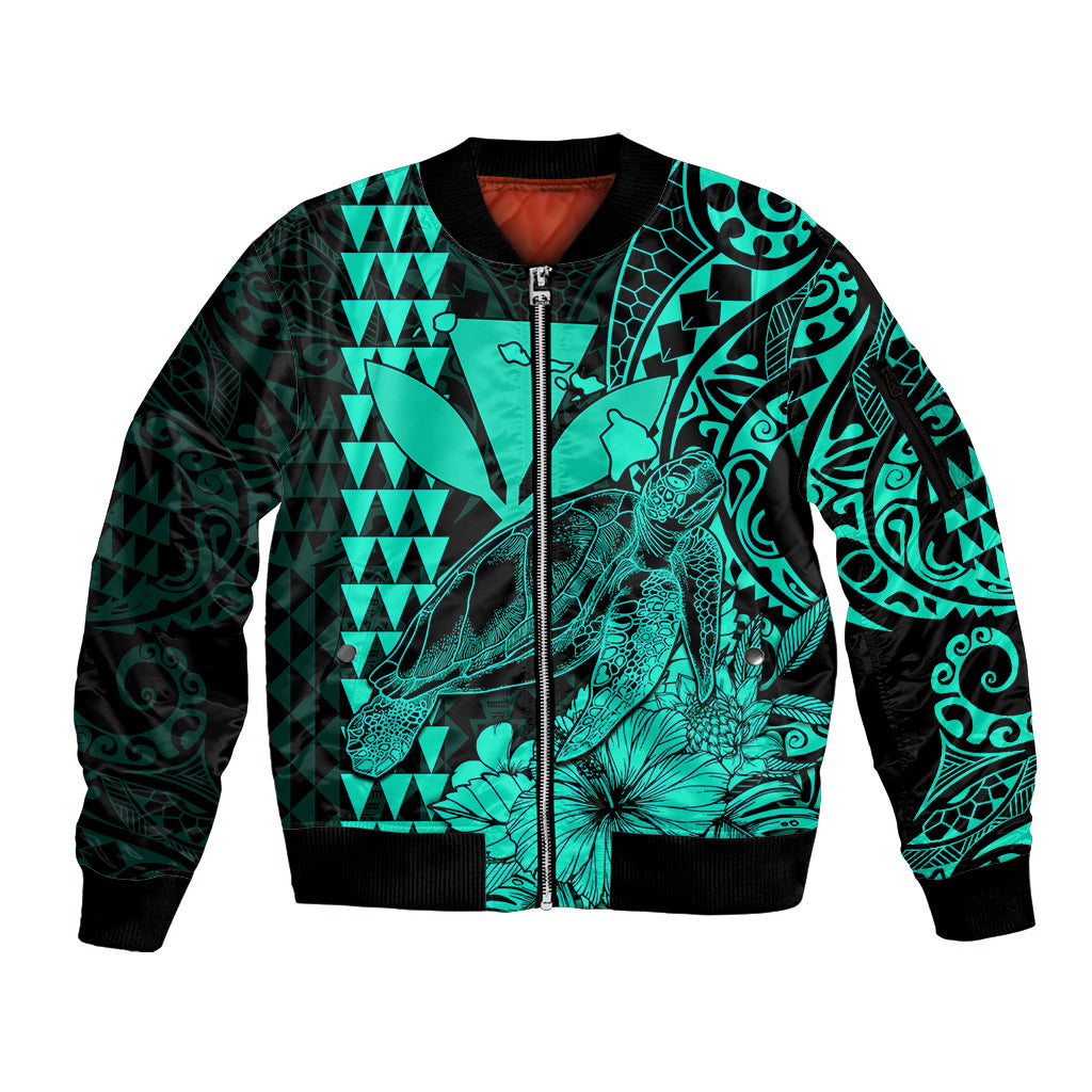 (Custom Personalised) Kakau Polynesian Tribal Hawaiian Turtle with Kanaka Maoli Turquoise Sleeve Zip Bomber Jacket LT9 Unisex Turquoise - Polynesian Pride