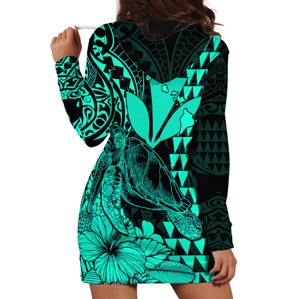 Kakau Polynesian Tribal Hawaiian Turtle with Kanaka Maoli Turquoise Hoodie Dress LT9 - Polynesian Pride