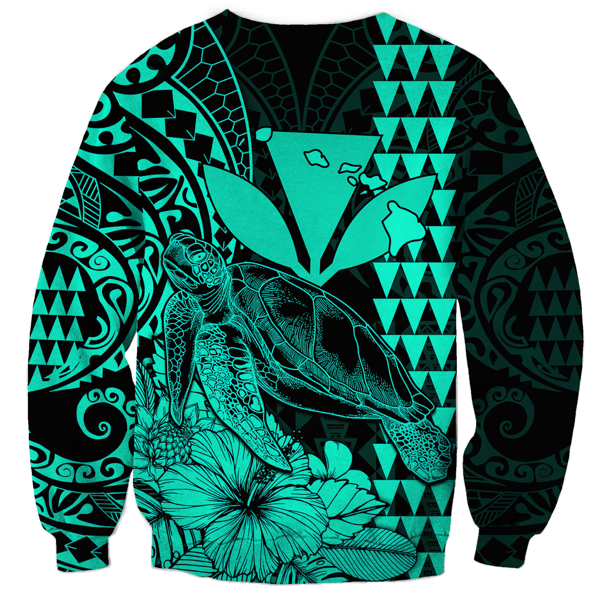 Kakau Polynesian Tribal Hawaiian Turtle with Kanaka Maoli Turquoise Sweatshirt LT9 - Polynesian Pride