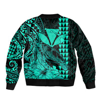 Kakau Polynesian Tribal Hawaiian Turtle with Kanaka Maoli Turquoise Sleeve Zip Bomber Jacket LT9 - Polynesian Pride