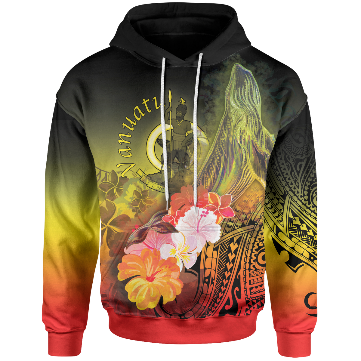 Vanuatu Hoodie Humpback Whale with Tropical Flowers (Yellow) Unisex Yellow - Polynesian Pride