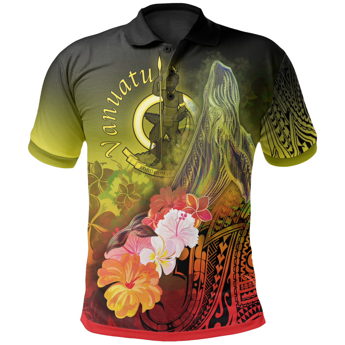 Vanuatu Polo Shirt Humpback Whale with Tropical Flowers (Yellow) Unisex Yellow - Polynesian Pride