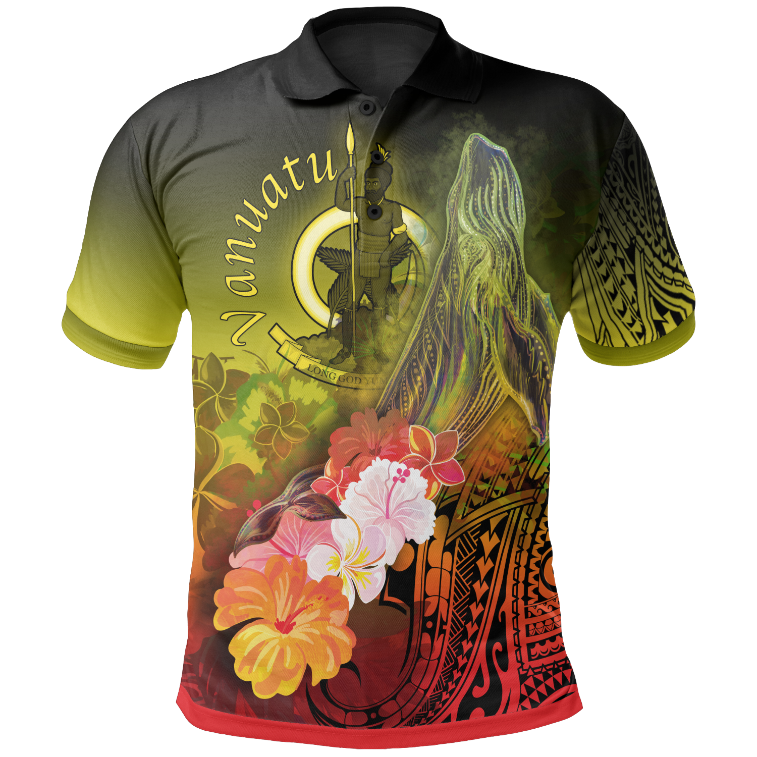 Vanuatu Polo Shirt Humpback Whale with Tropical Flowers (Yellow) Unisex Yellow - Polynesian Pride