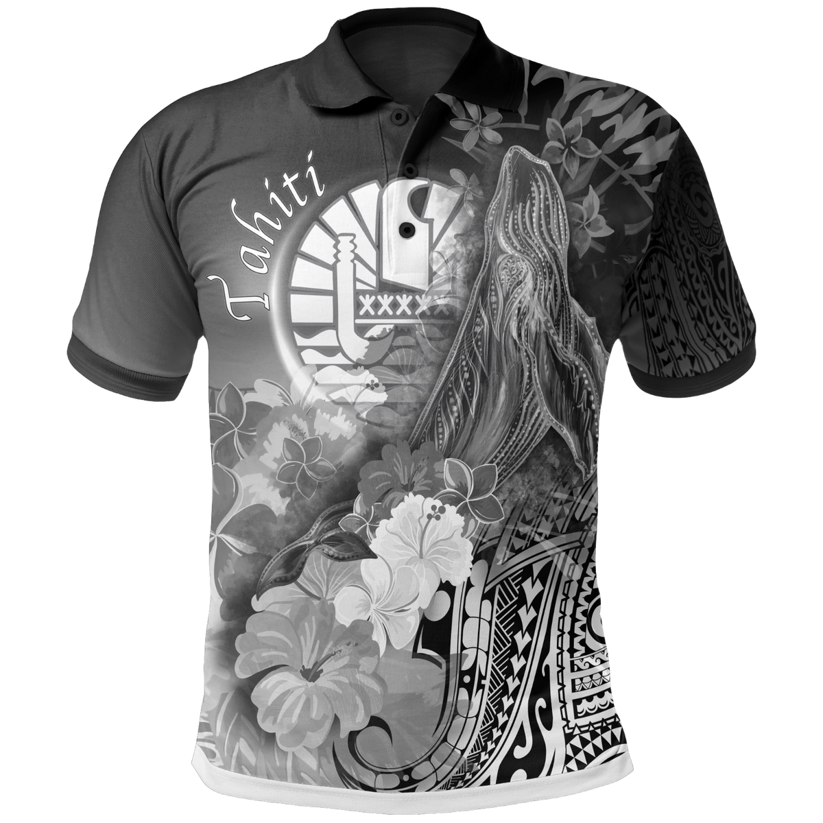 Tahiti Polo Shirt Humpback Whale with Tropical Flowers (White) Unisex White - Polynesian Pride