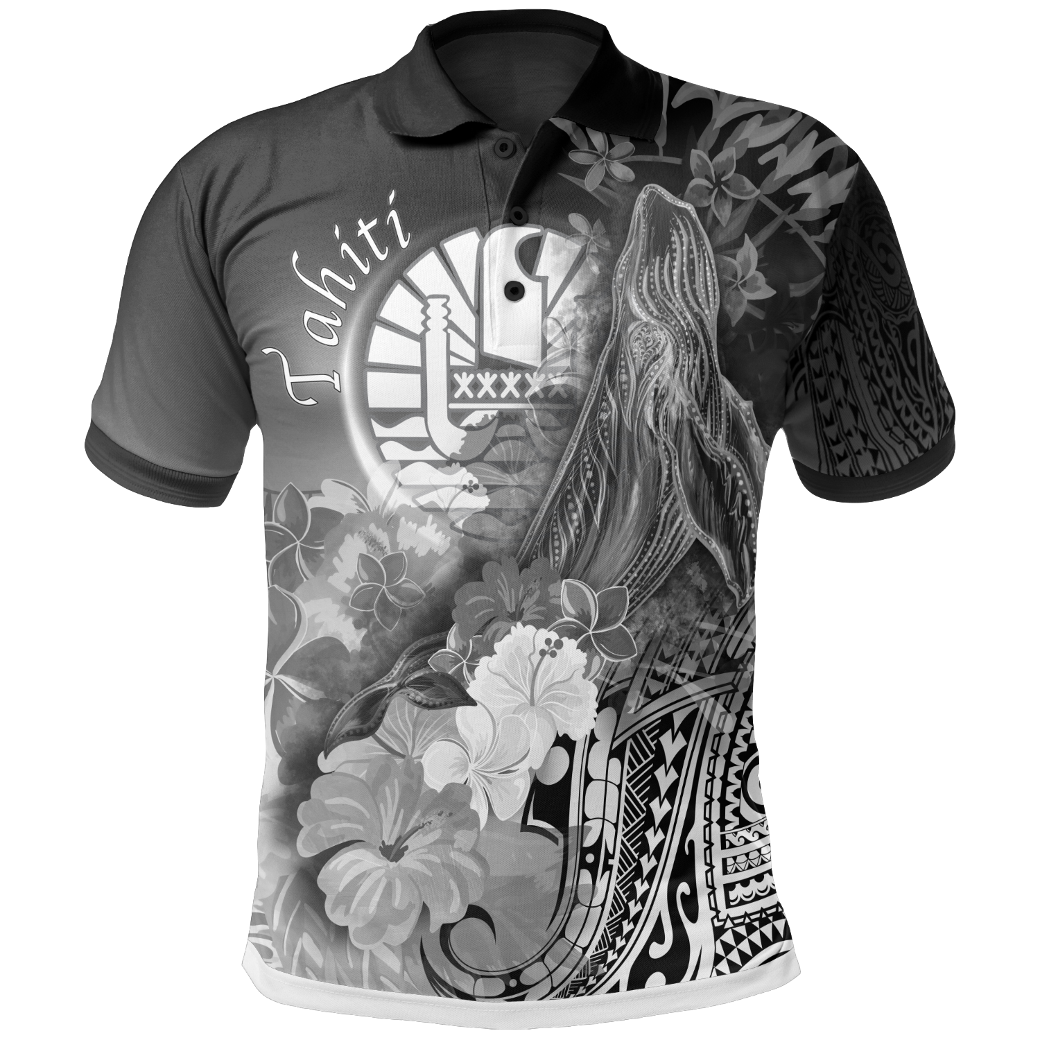 Tahiti Polo Shirt Humpback Whale with Tropical Flowers (White) Unisex White - Polynesian Pride