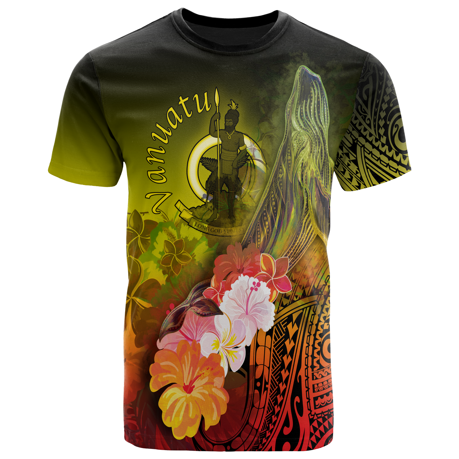 Vanuatu T Shirt Humpback Whale with Tropical Flowers (Yellow) Unisex Yellow - Polynesian Pride