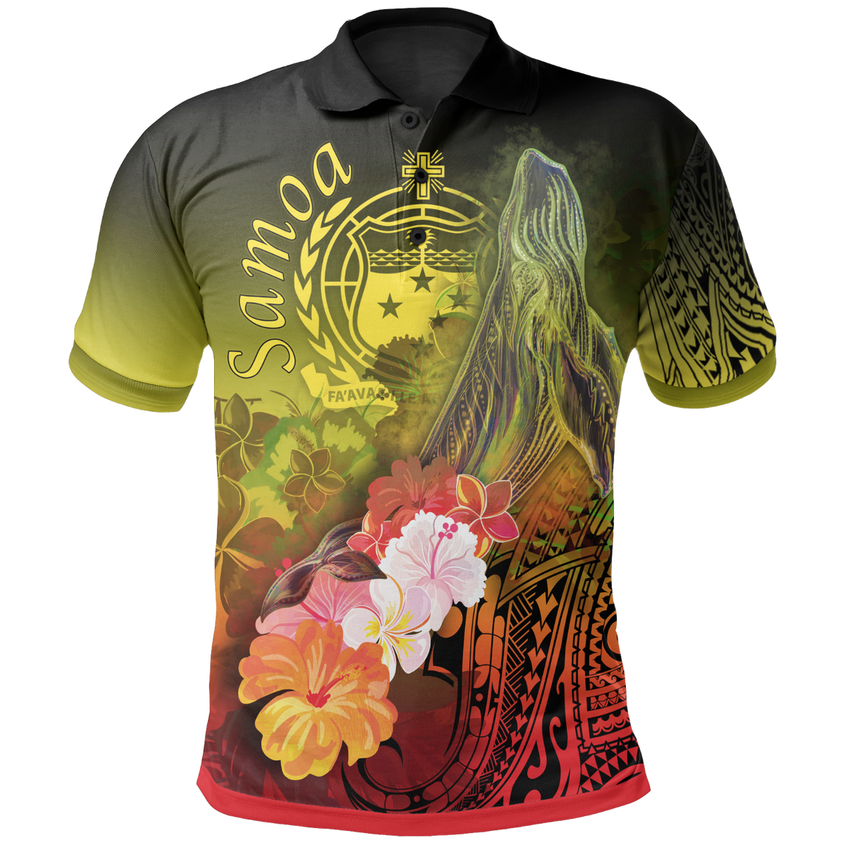 Samoa Polo Shirt Humpback Whale with Tropical Flowers (Yellow) Unisex Yellow - Polynesian Pride