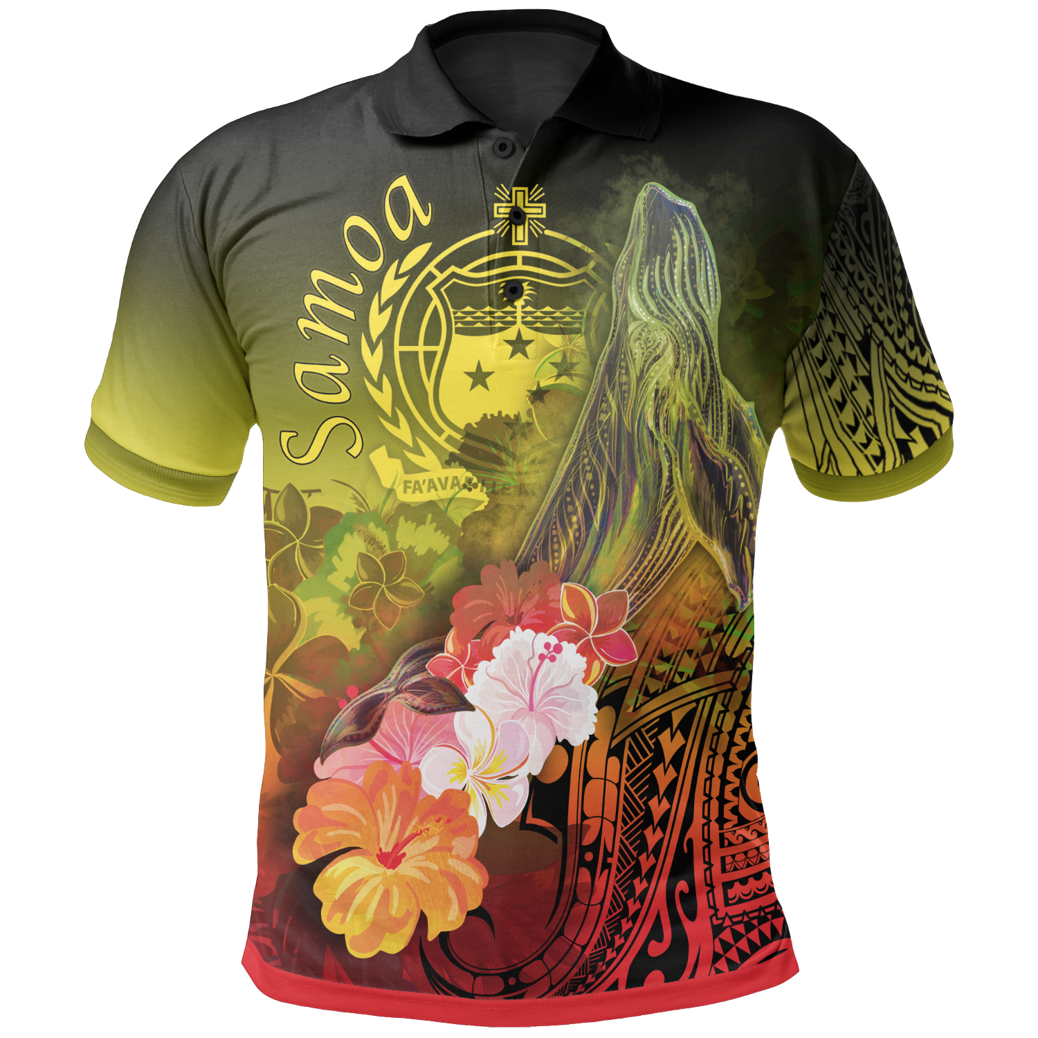 Samoa Polo Shirt Humpback Whale with Tropical Flowers (Yellow) Unisex Yellow - Polynesian Pride