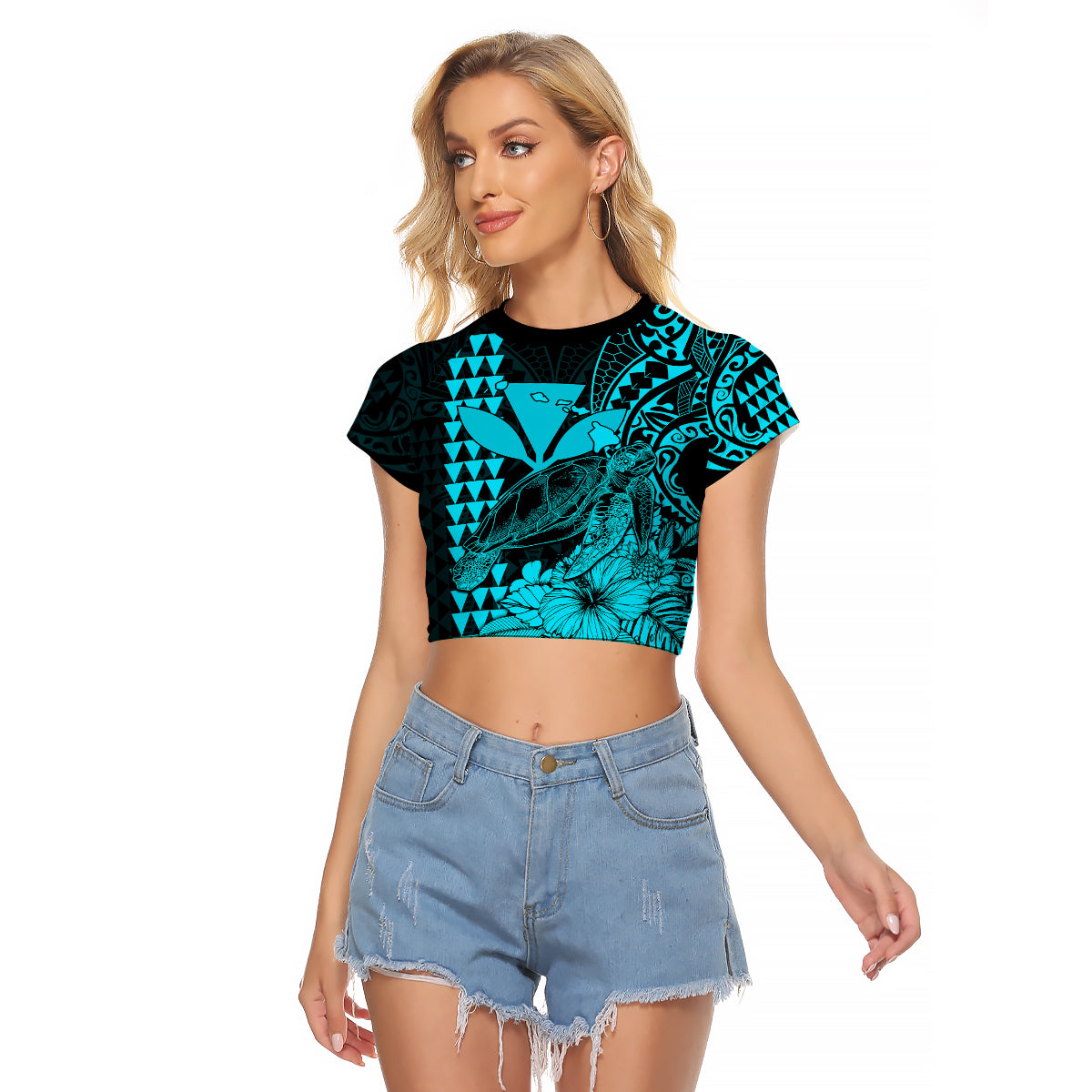 (Custom Personalised) Kakau Polynesian Tribal Hawaiian Turtle with Kanaka Maoli Teal Raglan Cropped T Shirt LT9 Female Teal - Polynesian Pride