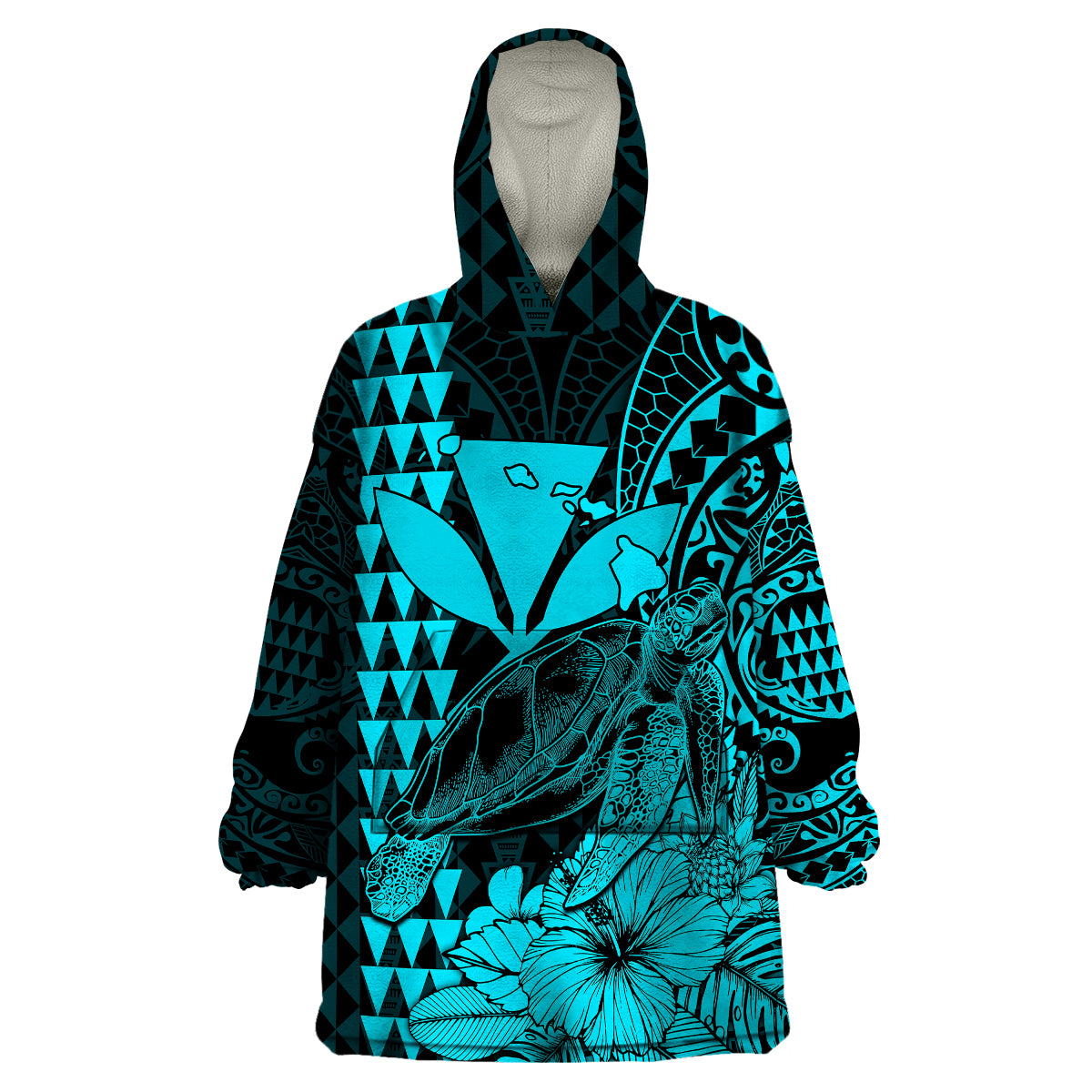 (Custom Personalised) Kakau Polynesian Tribal Hawaiian Turtle with Kanaka Maoli Teal Wearable Blanket Hoodie LT9 Unisex One Size - Polynesian Pride