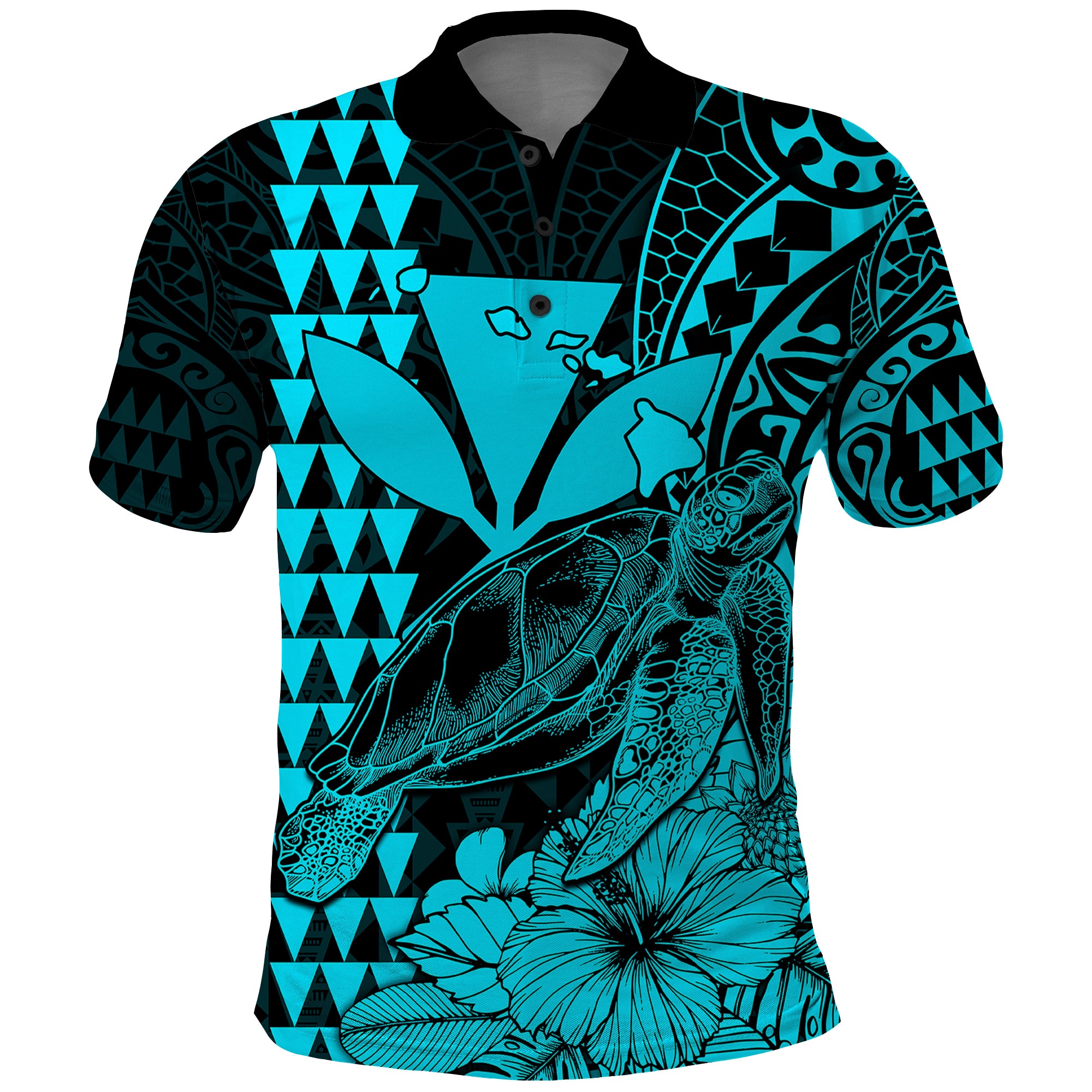 Custom Kakau Polynesian Tribal Hawaiian Turtle with Kanaka Maoli Teal Polo Shirt LT9 Teal - Polynesian Pride