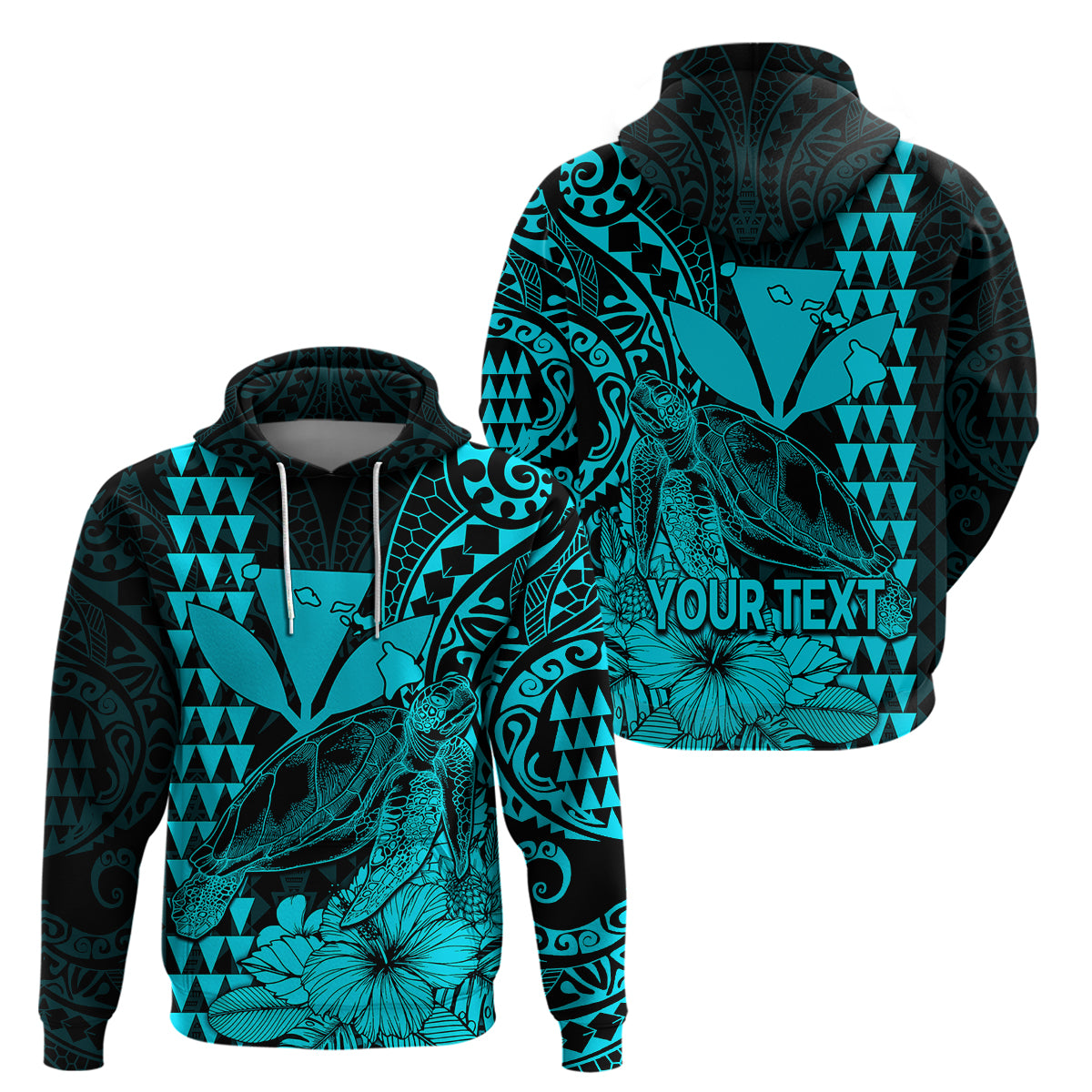 Custom Kakau Polynesian Tribal Hawaiian Turtle with Kanaka Maoli Teal Hoodie LT9 Pullover Hoodie Teal - Polynesian Pride