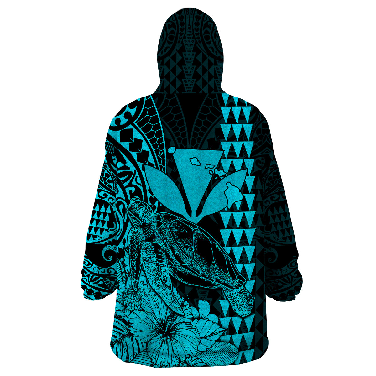 Kakau Polynesian Tribal Hawaiian Turtle with Kanaka Maoli Teal Wearable Blanket Hoodie LT9 - Polynesian Pride