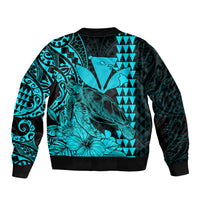 Kakau Polynesian Tribal Hawaiian Turtle with Kanaka Maoli Teal Sleeve Zip Bomber Jacket LT9 - Polynesian Pride