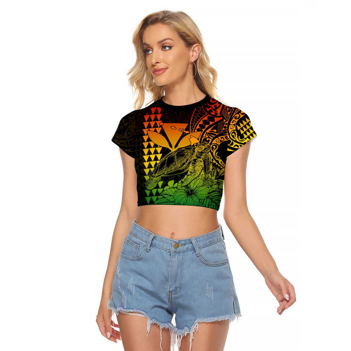 Kakau Polynesian Tribal Hawaiian Turtle with Kanaka Maoli Reggae Raglan Cropped T Shirt LT9 Female Reggae - Polynesian Pride