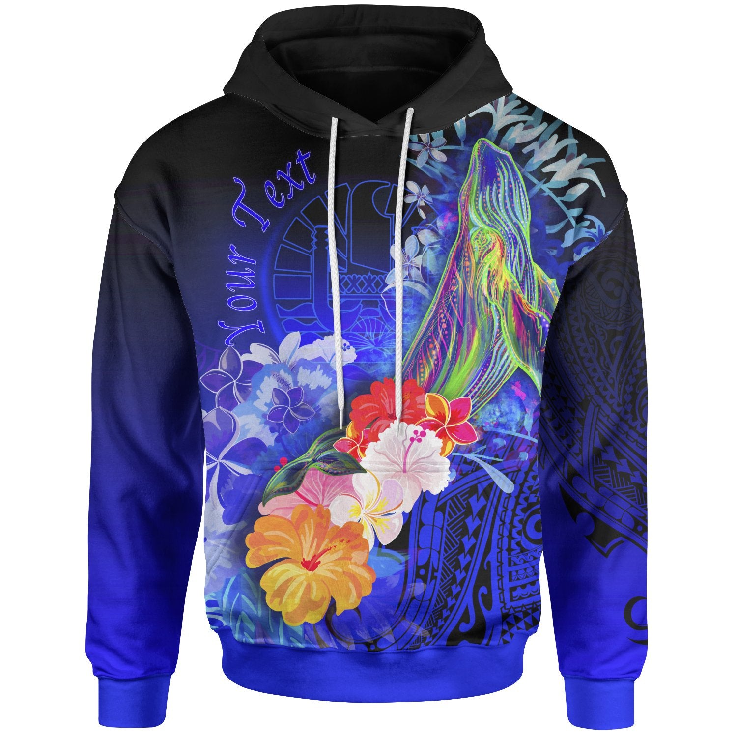 Tahiti Custom Hoodie Humpback Whale with Tropical Flowers (Blue) Unisex Blue - Polynesian Pride