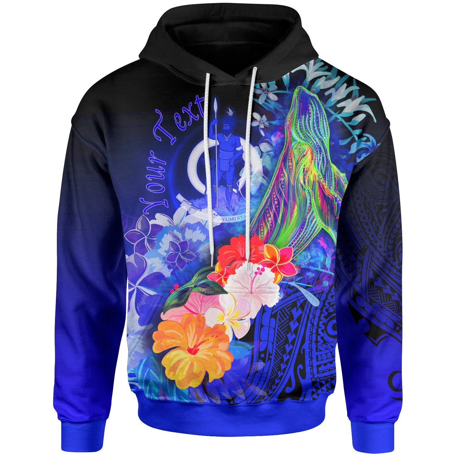 Vanuatu Custom Hoodie Humpback Whale with Tropical Flowers (Blue) Unisex Blue - Polynesian Pride