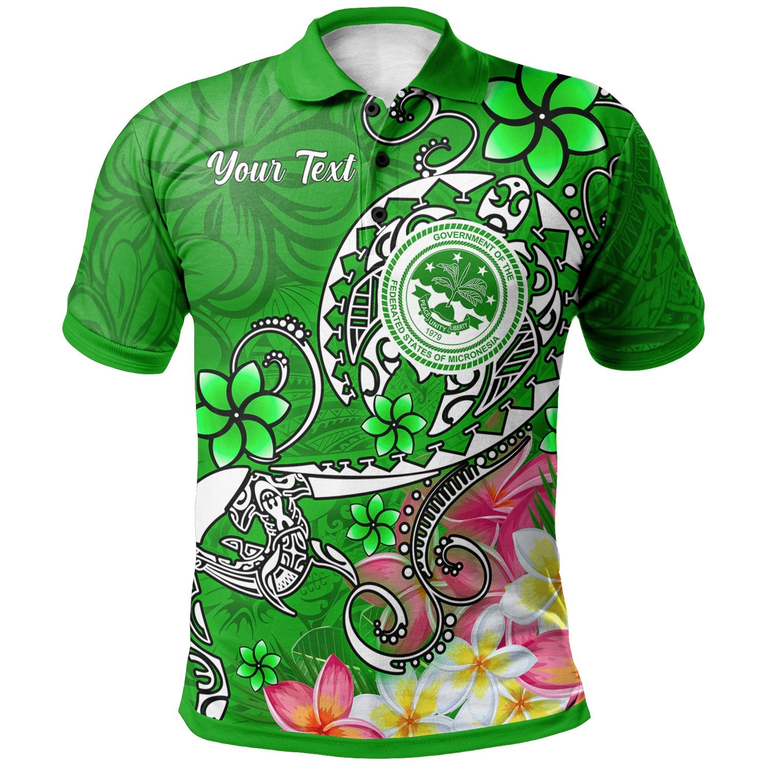 FSM Polo Shirt Turtle Plumeria (Green) Unisex Blue - Polynesian Pride