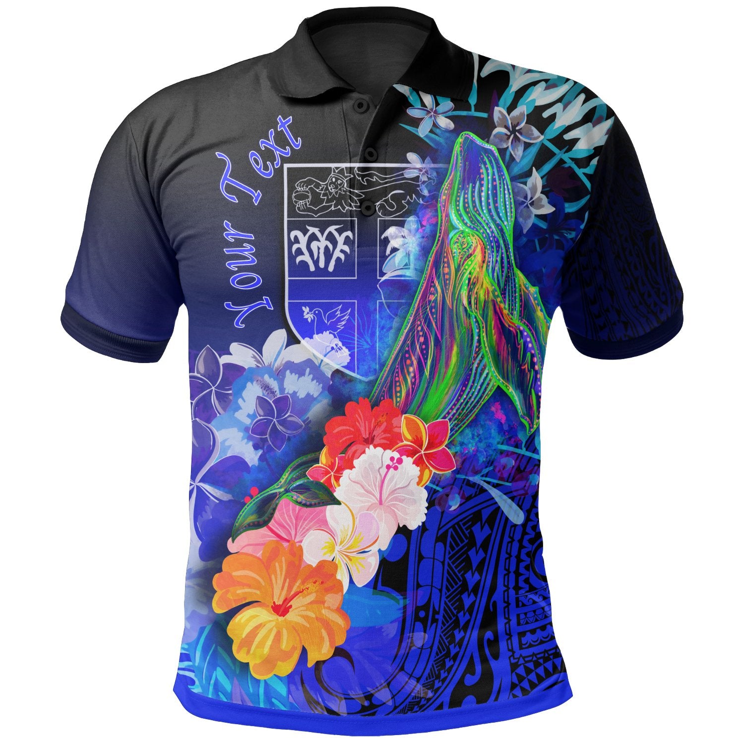 Fiji Custom Polo Shirt Humpback Whale with Tropical Flowers (Blue) Unisex Blue - Polynesian Pride