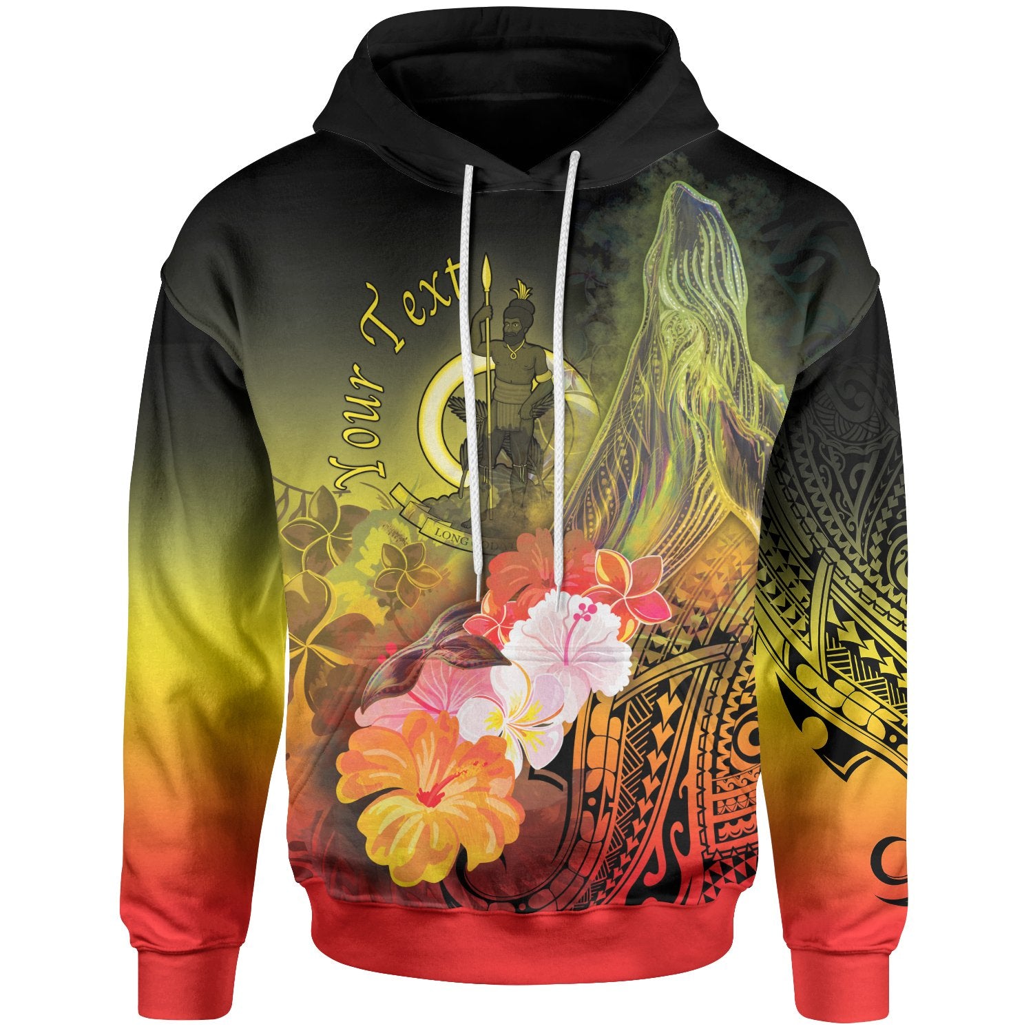 Vanuatu Custom Hoodie Humpback Whale with Tropical Flowers (Yellow) Unisex Yellow - Polynesian Pride