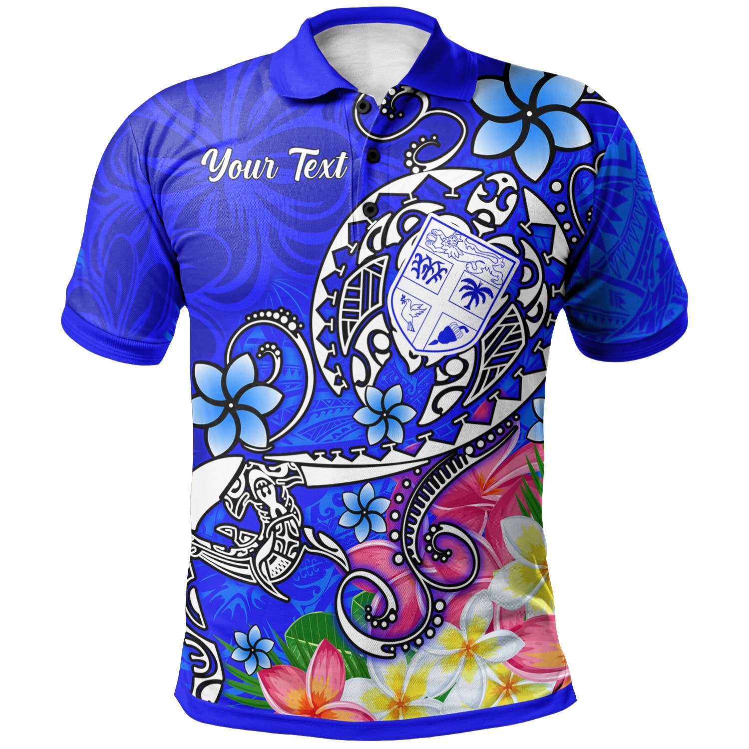 Fiji Custom Polo Shirt Turtle Plumeria (Blue) Unisex Blue - Polynesian Pride