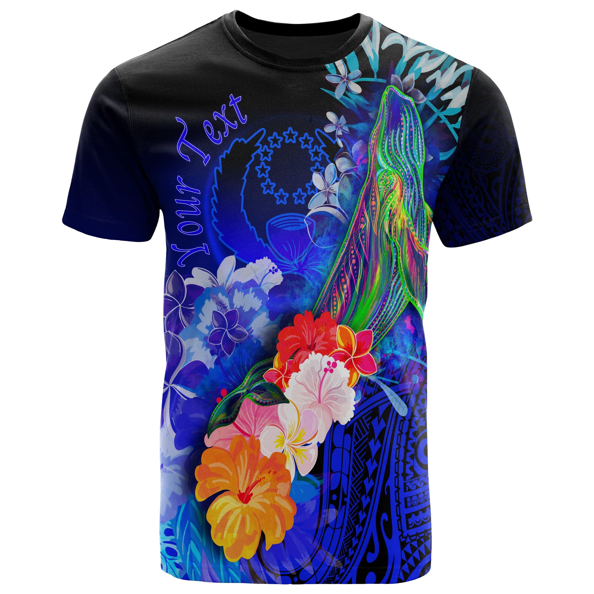 Custom Pohnpei T Shirt Humpback Whale with Tropical Flowers (Blue) Unisex Blue - Polynesian Pride