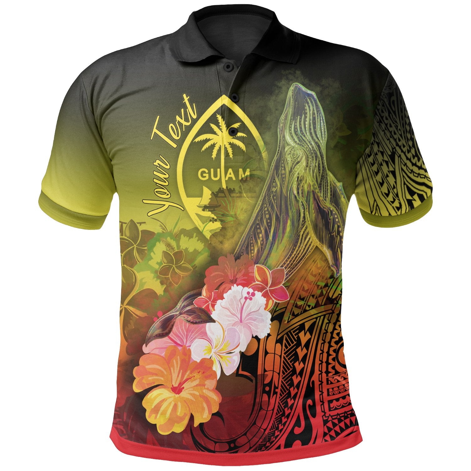 Guam Custom Polo Shirt Humpback Whale with Tropical Flowers (Yellow) Unisex Yellow - Polynesian Pride