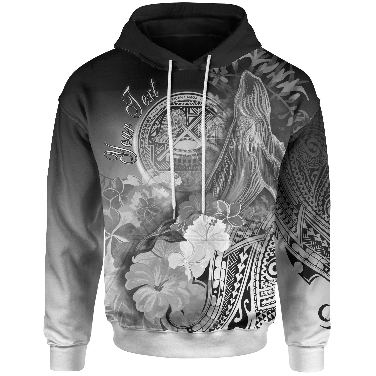 American Samoa Polynesian Custom Hoodie Humpback Whale with Tropical Flowers (White) Unisex White - Polynesian Pride