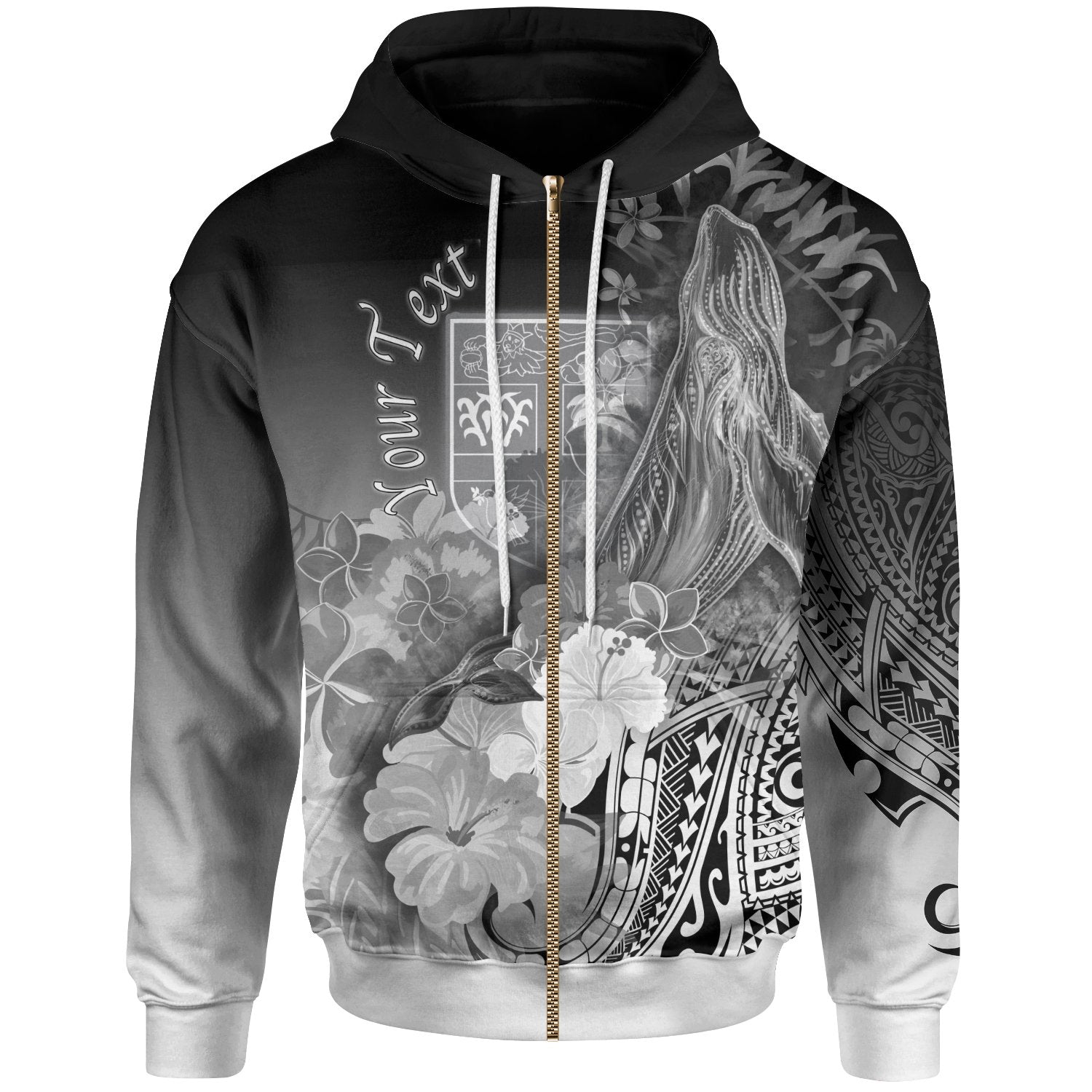 Fiji Custom Zip up Hoodie Humpback Whale with Tropical Flowers (White) Unisex White - Polynesian Pride