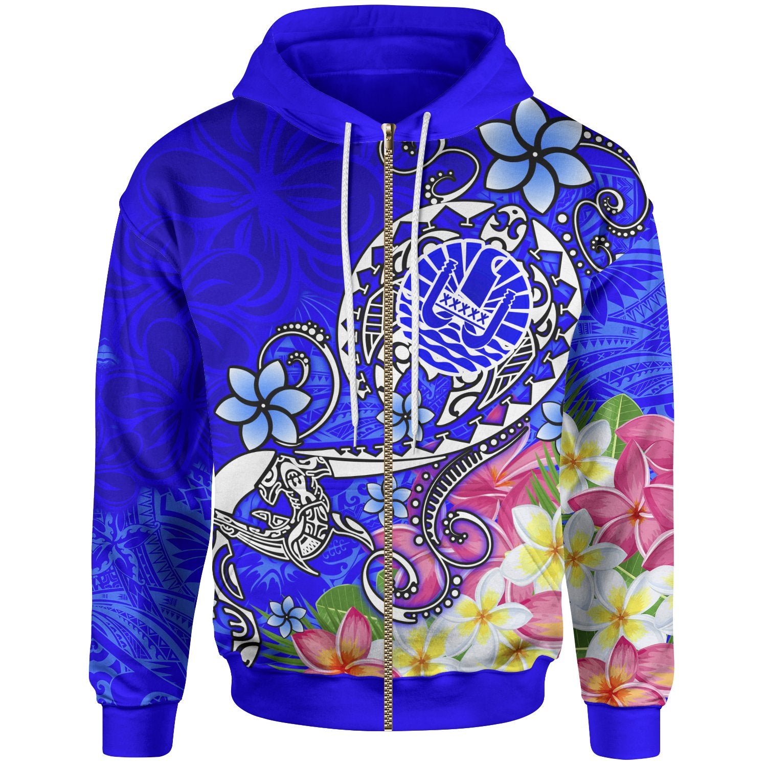 Tahiti Zip up Hoodie Turtle Plumeria (Blue) Unisex Blue - Polynesian Pride