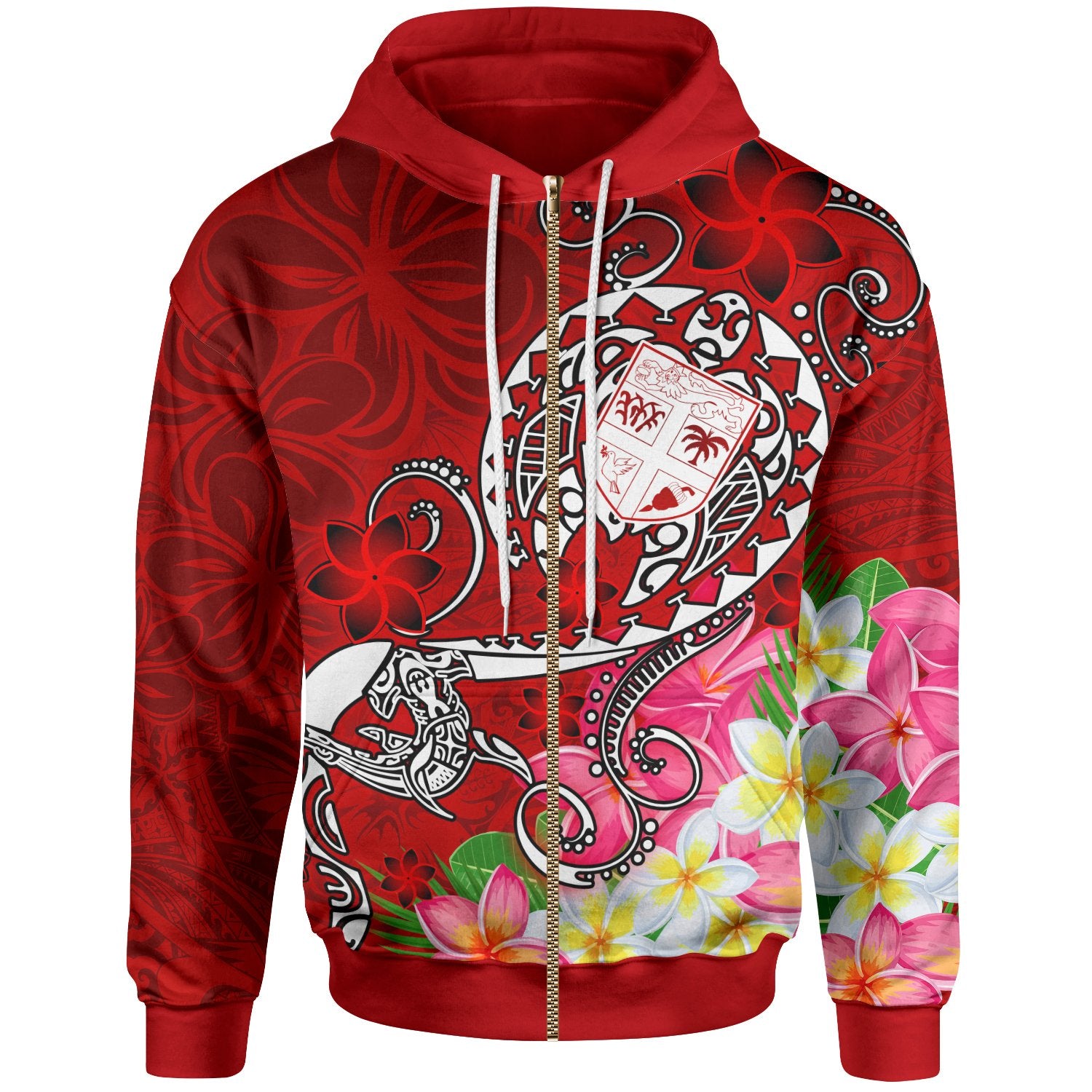 Fiji Zip up Hoodie Turtle Plumeria (Red) Unisex Red - Polynesian Pride