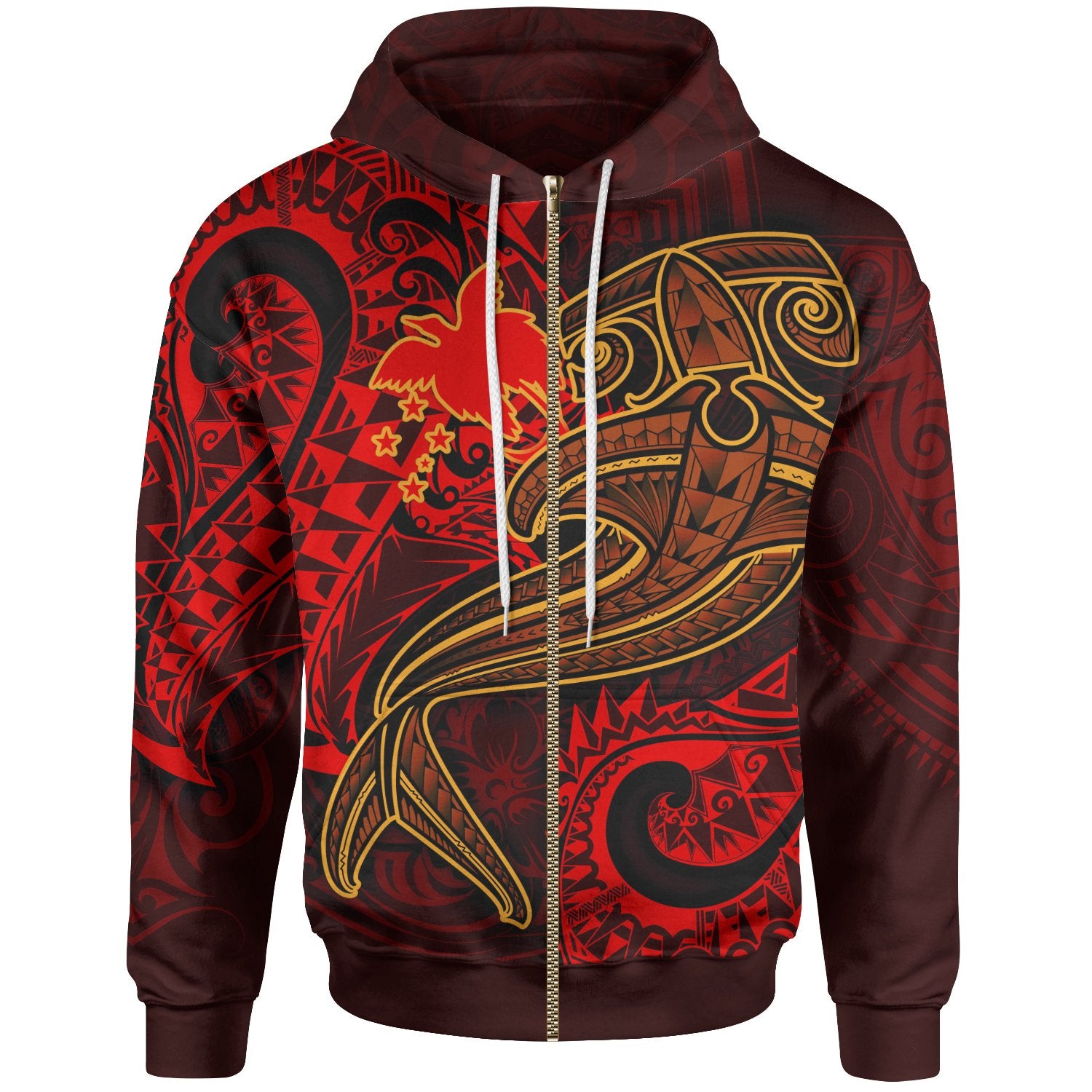 Papua New Guinea Zip up Hoodie Red Shark Polynesian Tattoo Unisex Red - Polynesian Pride