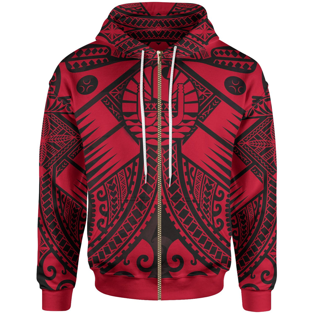 Tahiti Zip up Hoodie Red Seal with Polynesian Tattoo Unisex Red - Polynesian Pride