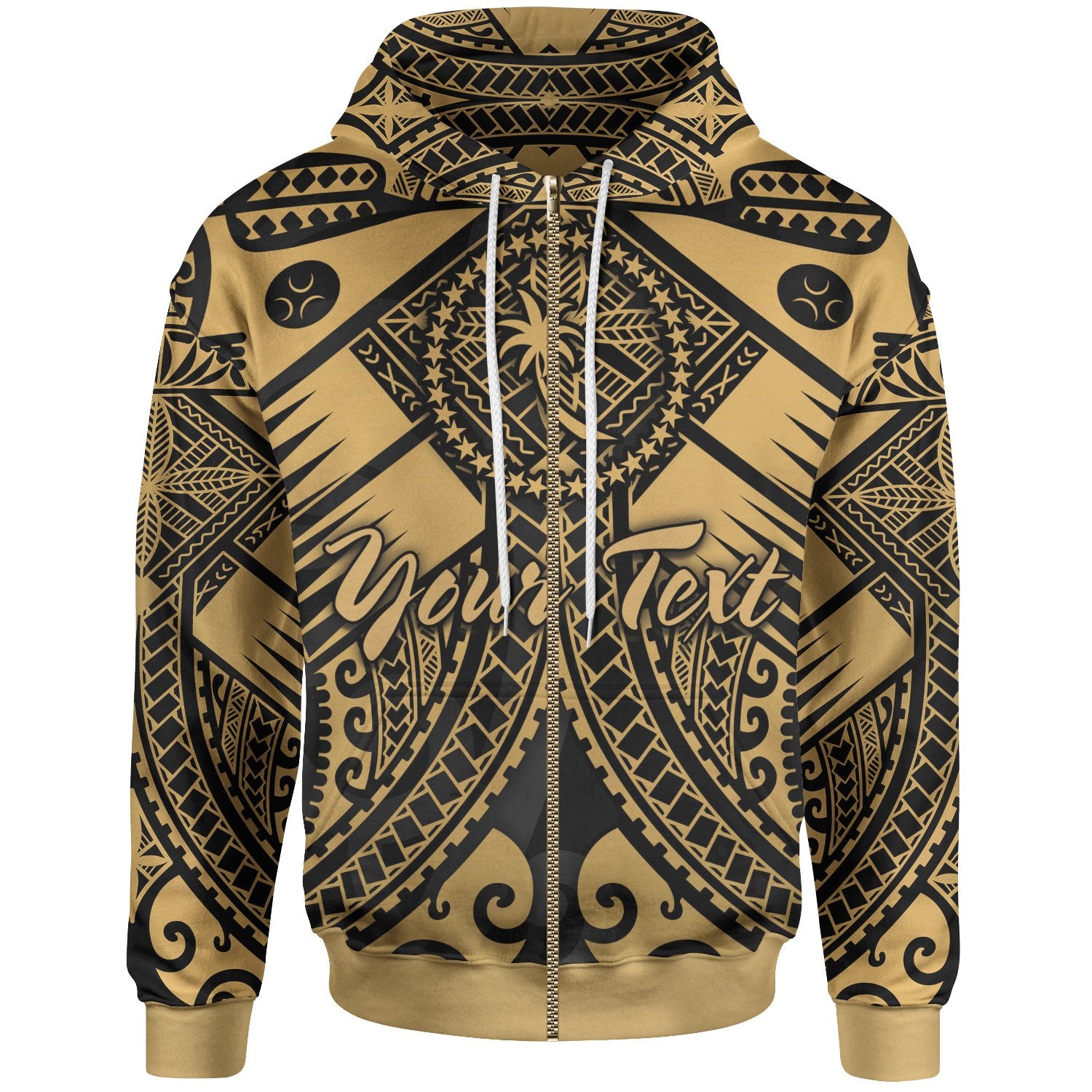 Chuuk Custom Zip up Hoodie Gold Seal with Polynesian Tattoo Unisex Gold - Polynesian Pride