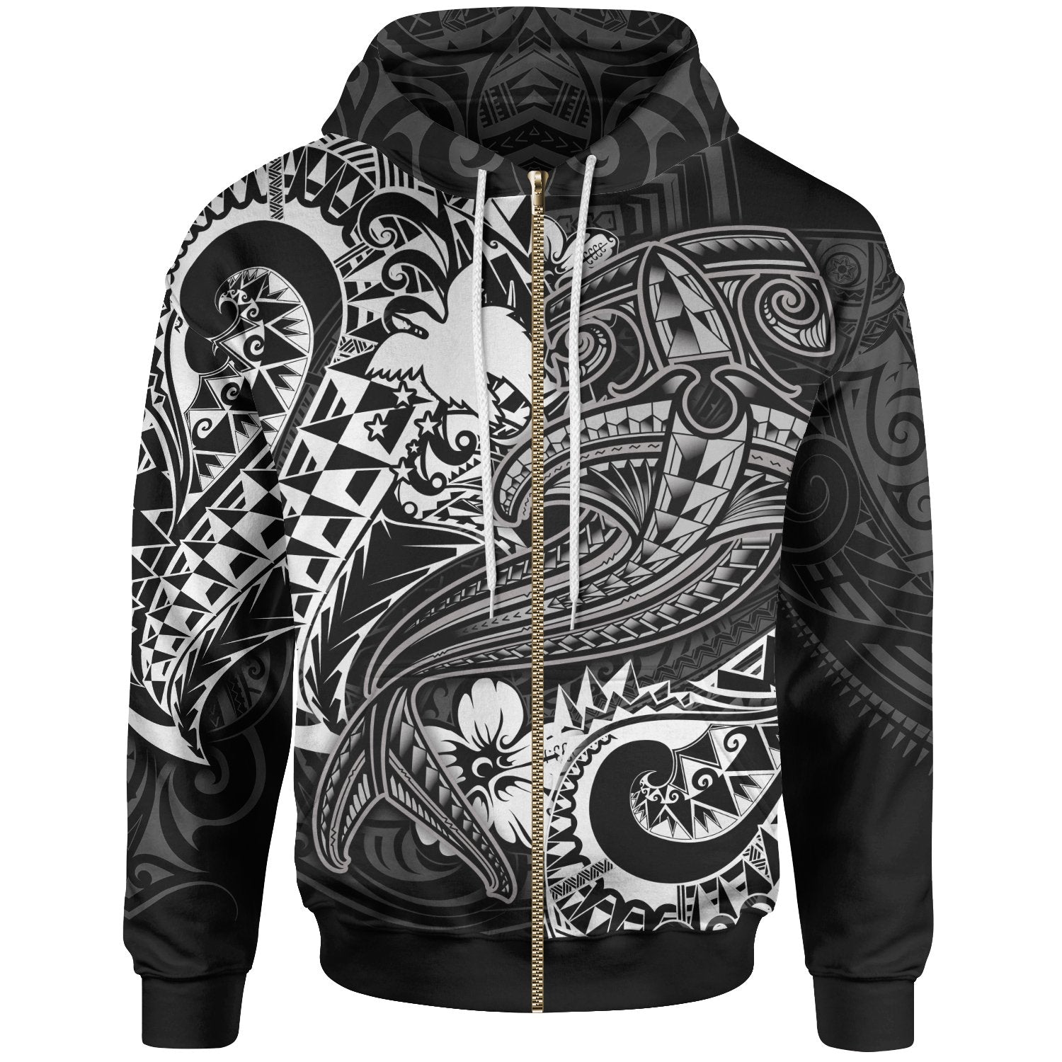 Papua New Guinea Zip up Hoodie White Shark Polynesian Tattoo Unisex White - Polynesian Pride