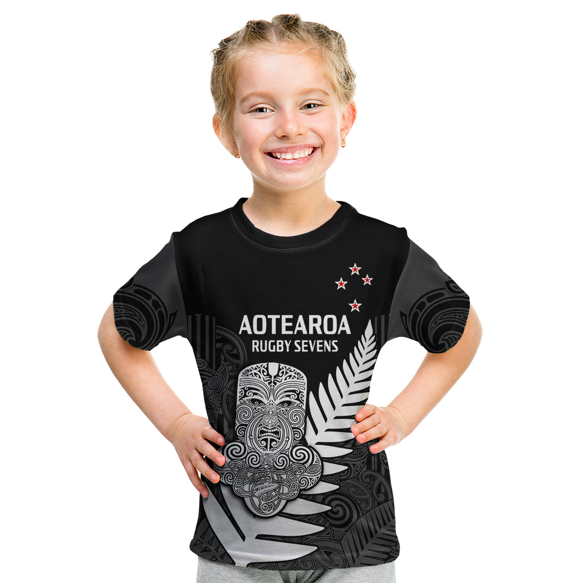 (Custom Text And Number) Aotearoa Rugby Sevens All Black Tiki Fern Kid T Shirt LT14 Youth XL Size14 - Polynesian Pride