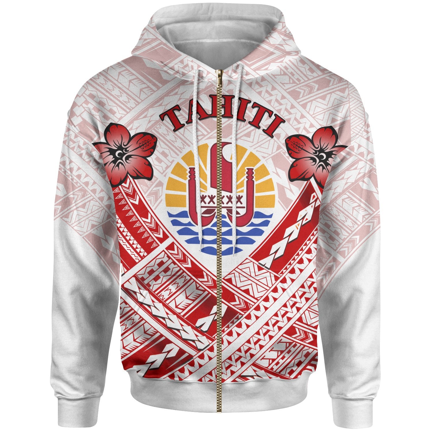 Tahiti Polynesian Zip up Hoodie Tahiti Flag Camisole Hibiscus Style Unisex Gold - Polynesian Pride