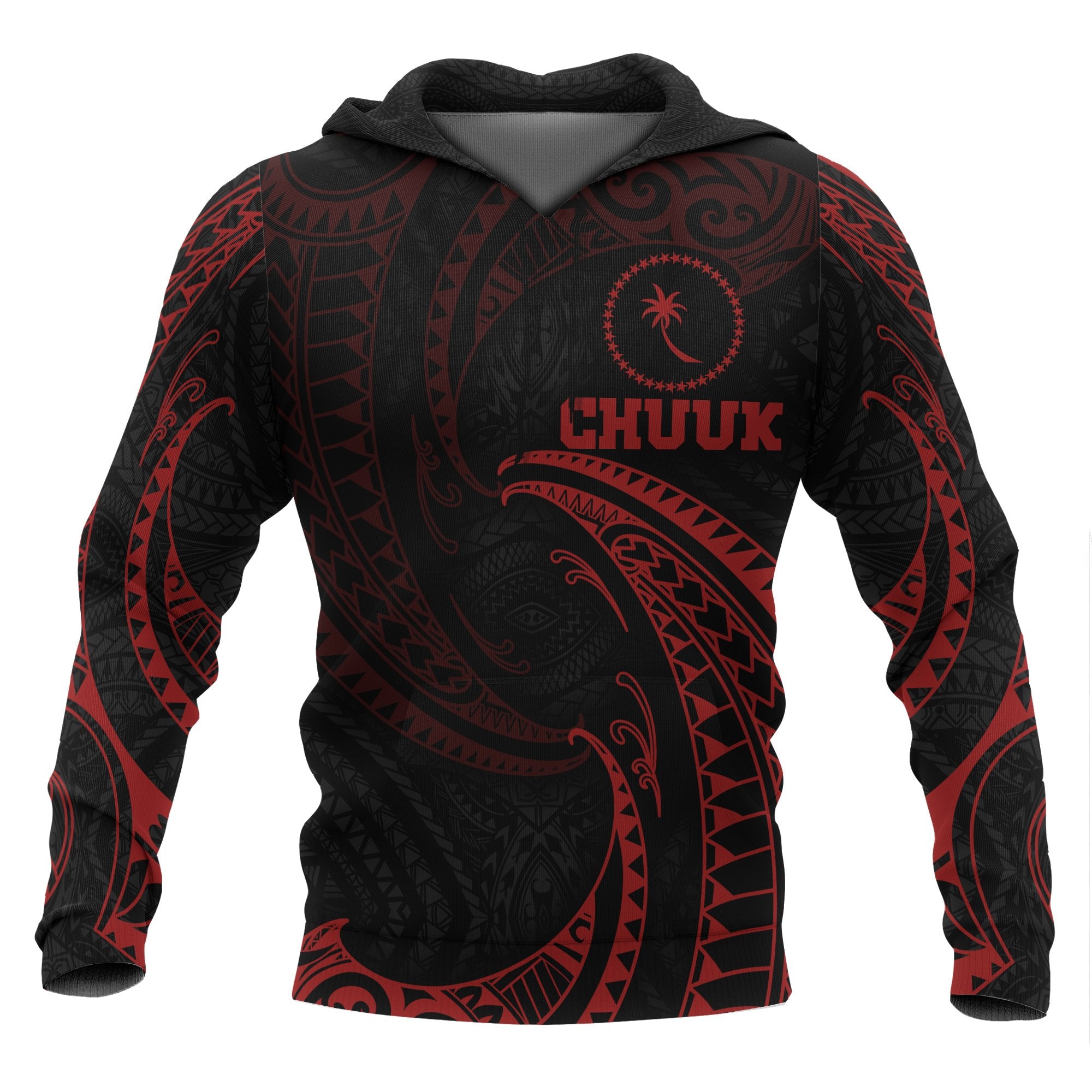 Chuuk Micronesia ll Over Hoodie Red Tribal Wave Unisex Red - Polynesian Pride