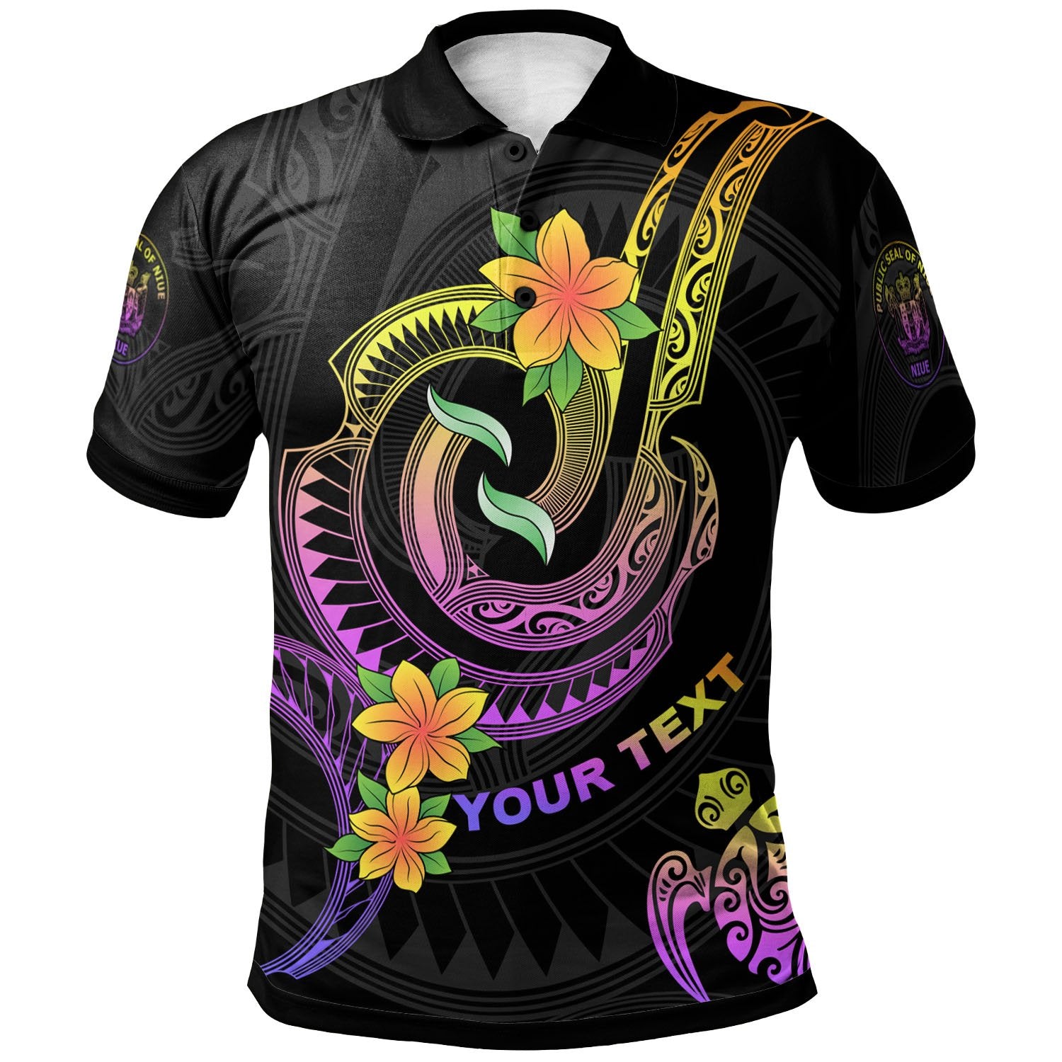 Niue Custom Polo Shirt Plumeria Flowers with Spiral Patterns Unisex Black - Polynesian Pride