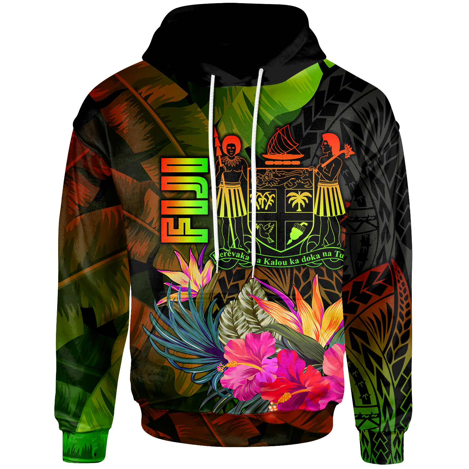 Fiji Polynesian Hoodie Hibiscus and Banana Leaves Unisex Reggae - Polynesian Pride