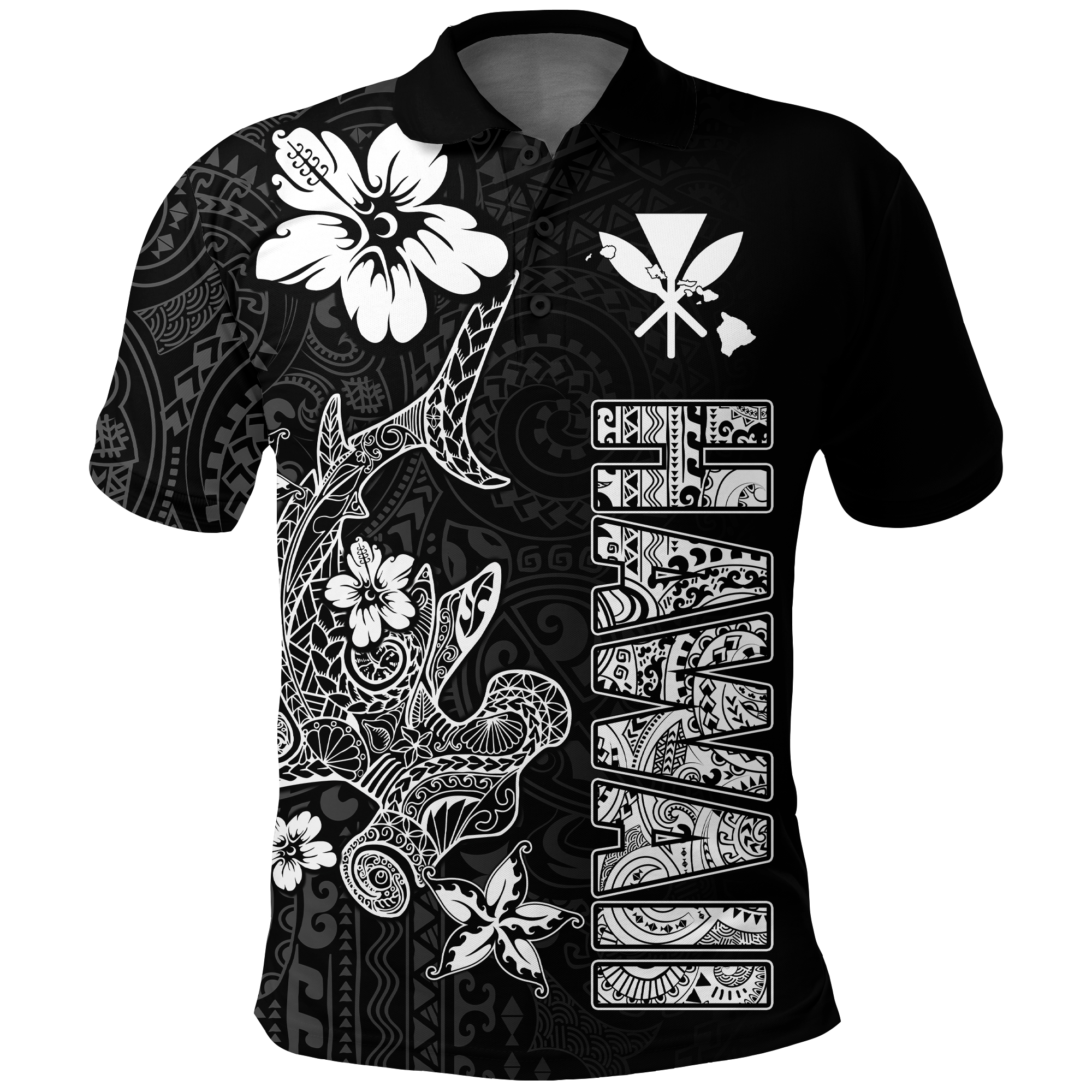 Hawaii Hammerhead Shark Hibiscus Hawaii Pattern Polo Shirt LT2 BLACK - Polynesian Pride