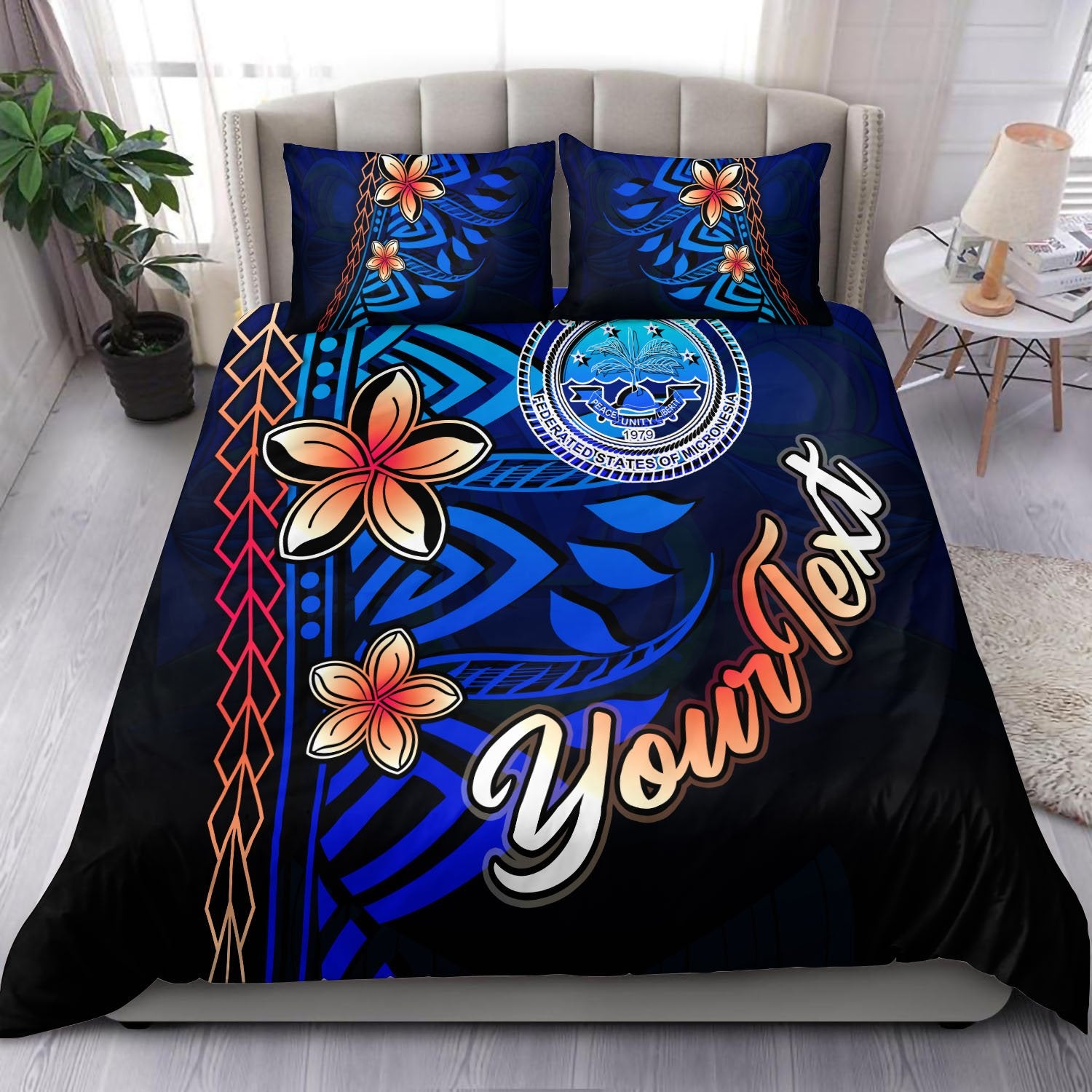 Federated States of Micronesia Custom Personalised Bedding Set - Vintage Tribal Mountain Blue - Polynesian Pride