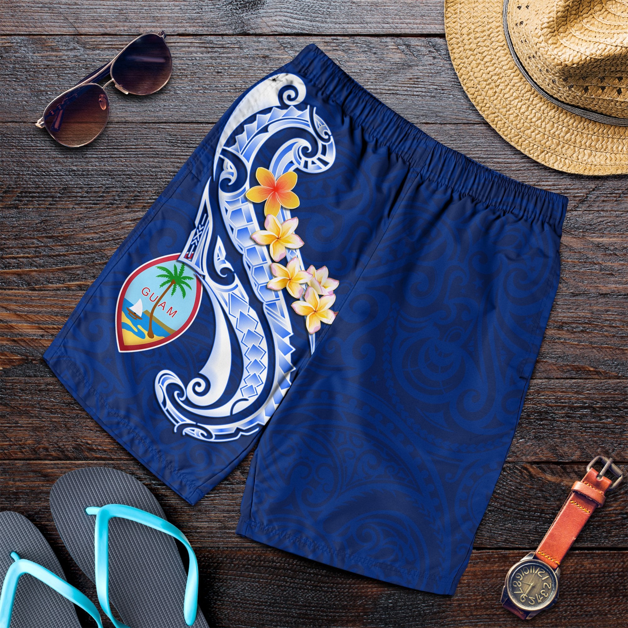 Guam Men's Shorts - Guam Seal Polynesian Patterns Plumeria (Blue) Blue - Polynesian Pride