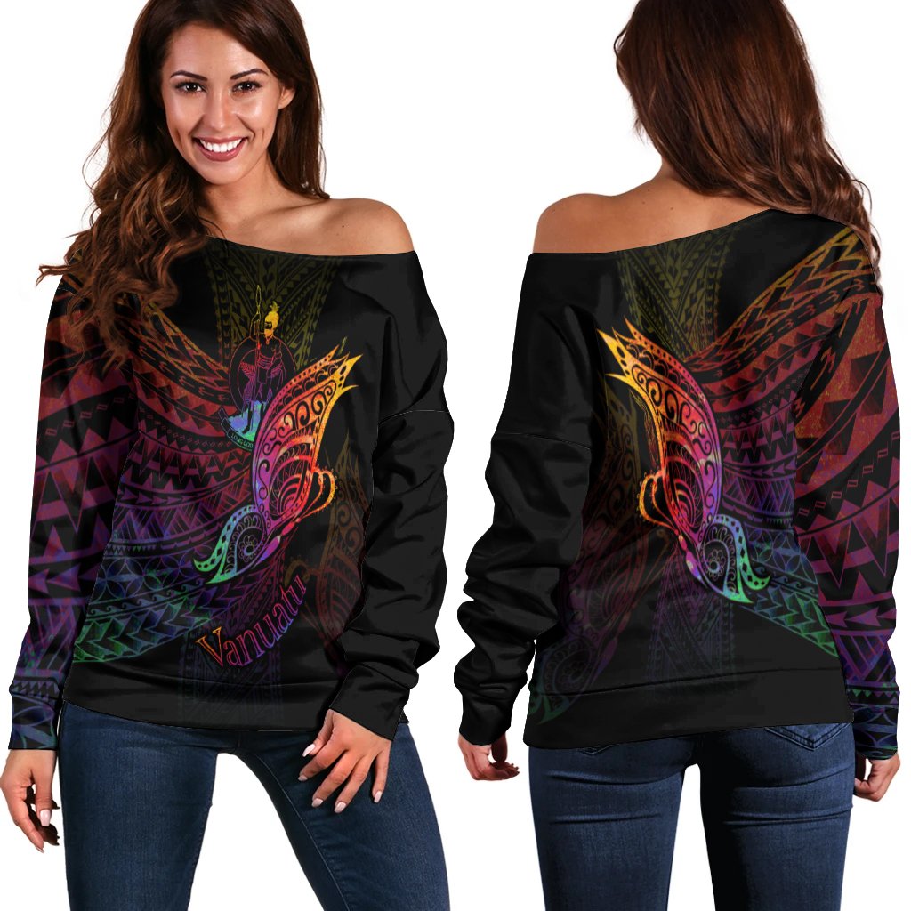 Vanuatu Women's Off Shoulder Sweater - Butterfly Polynesian Style Black - Polynesian Pride