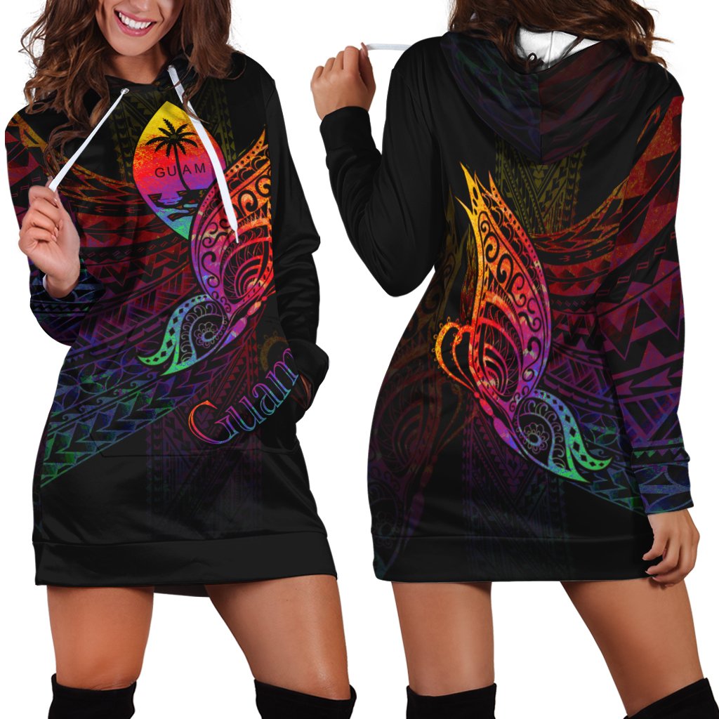 Guam Hoodie Dress - Butterfly Polynesian Style Black - Polynesian Pride