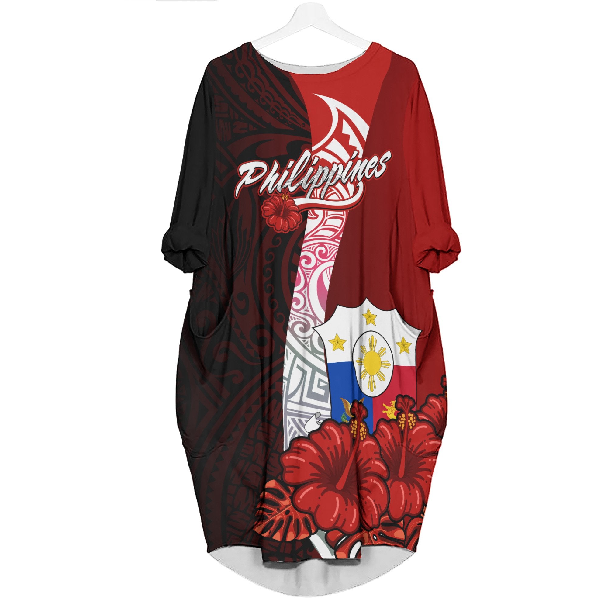 The Philippines Batwing Pocket Dress - Hibiscus With Coat Of Arm Women Black - Polynesian Pride