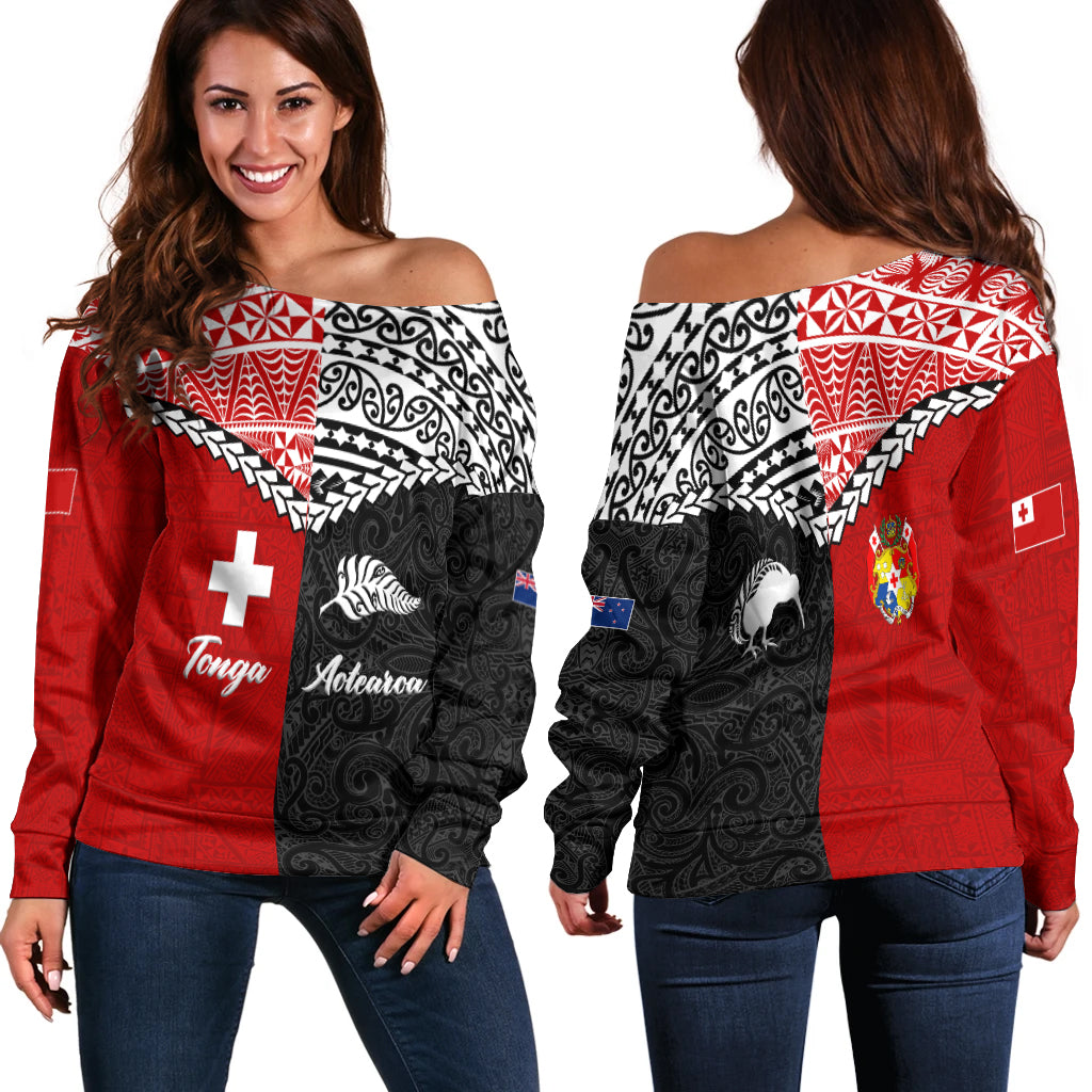 Tonga Combine New Zealand Maori Aotearoa Heritage Women Off Shoulder Sweater - LT12 Red - Polynesian Pride