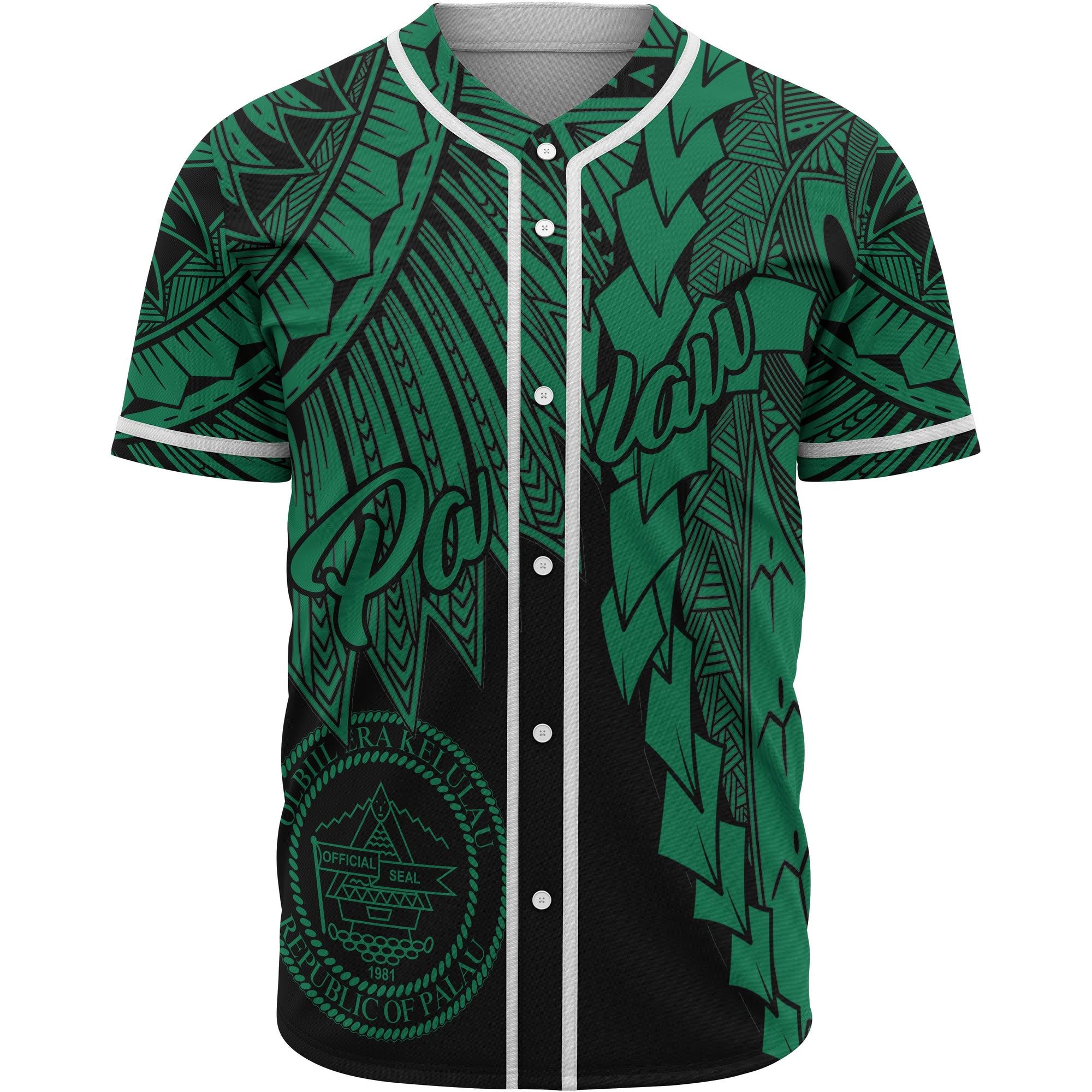 Palau Polynesian Baseball Shirt - Tribal Wave Tattoo Green Unisex Green - Polynesian Pride